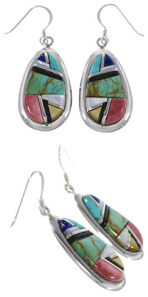 Sterling Silver Multicolor Earrings And Link Necklace Set GS75435